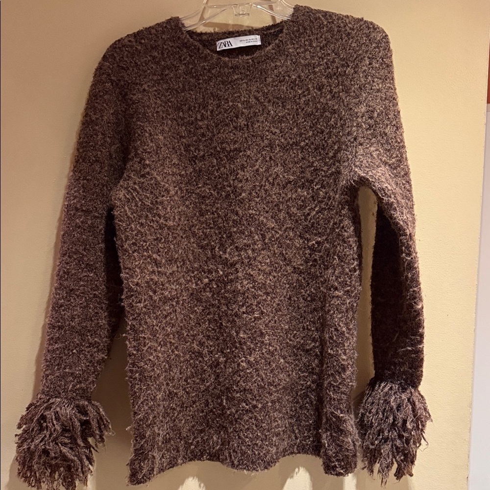 Zara Chocolate Brown Textured Fringe-Cuff Crewneck Sweater